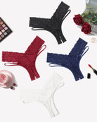Lace V-shape cheeky panties set in black, burgundy, deep blue, and white