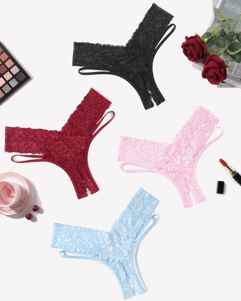 Lace V-shape cheeky panties set in black, burgundy, pink, and light blue