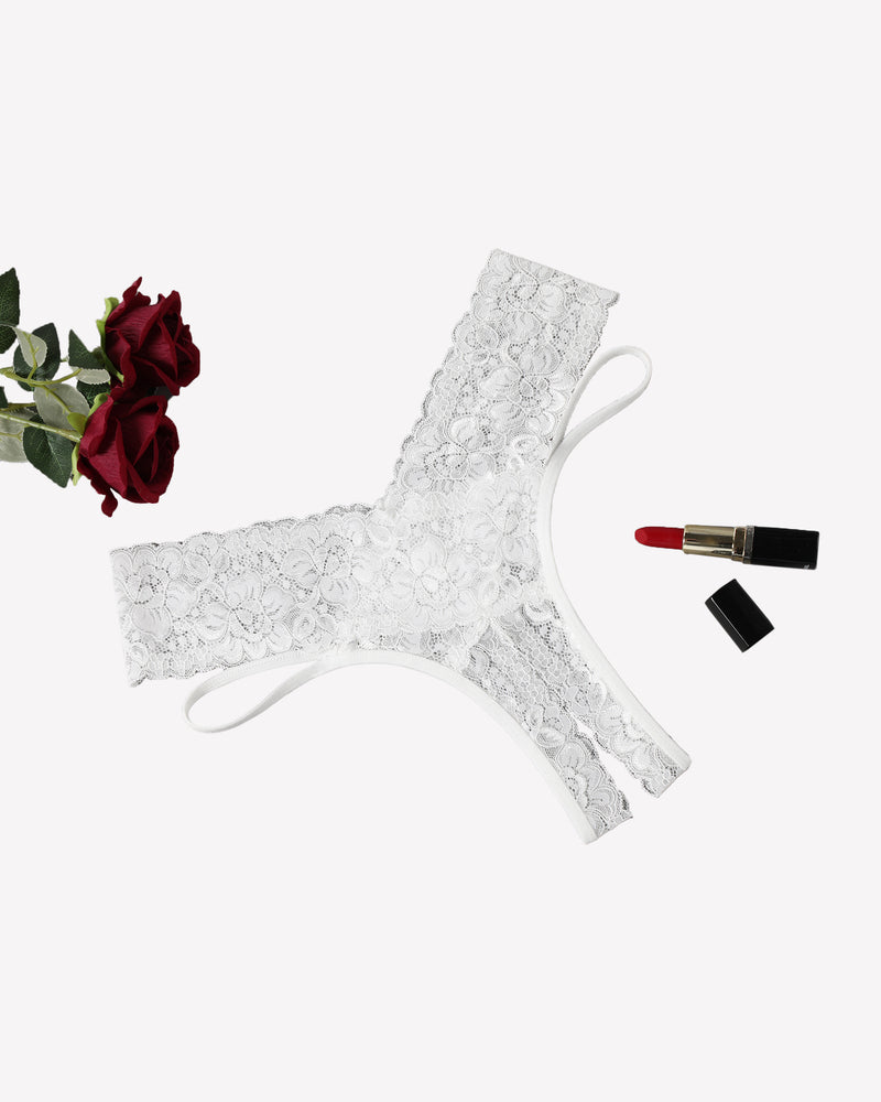 White lace V-shape cheeky panties with floral lace pattern and scalloped trim