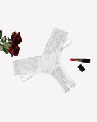 White lace V-shape cheeky panties with floral lace pattern and scalloped trim