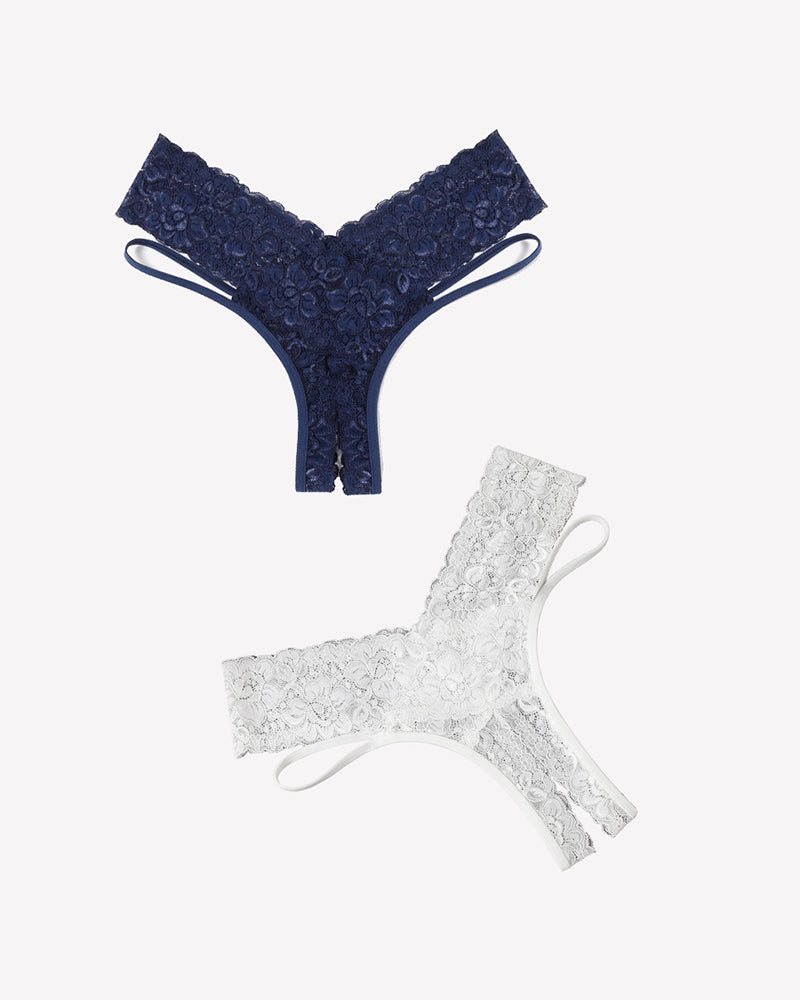 Lace V-shape cheeky panties in dark navy and white, lace V-front thong-style bottoms