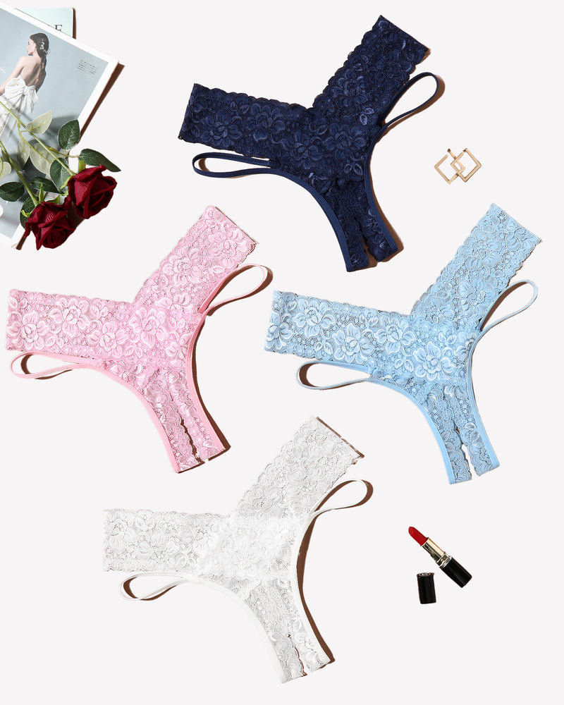 Lace V-shape cheeky panties set in navy, pink, light blue, and white