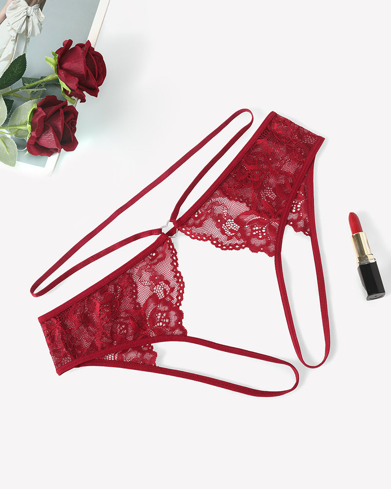 Burgundy floral lace cheeky thong with strappy sides and scalloped lace trim