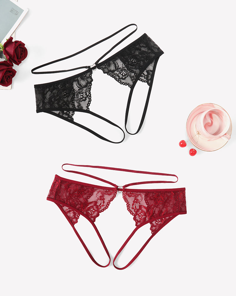 Floral lace cheeky panties set: black and burgundy thong styles with strappy sides