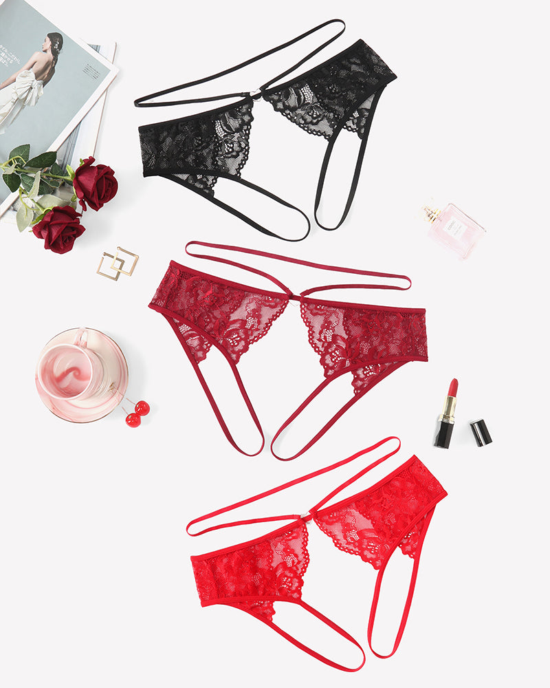 Floral lace cheeky panties set: black, burgundy, and red thong styles with straps