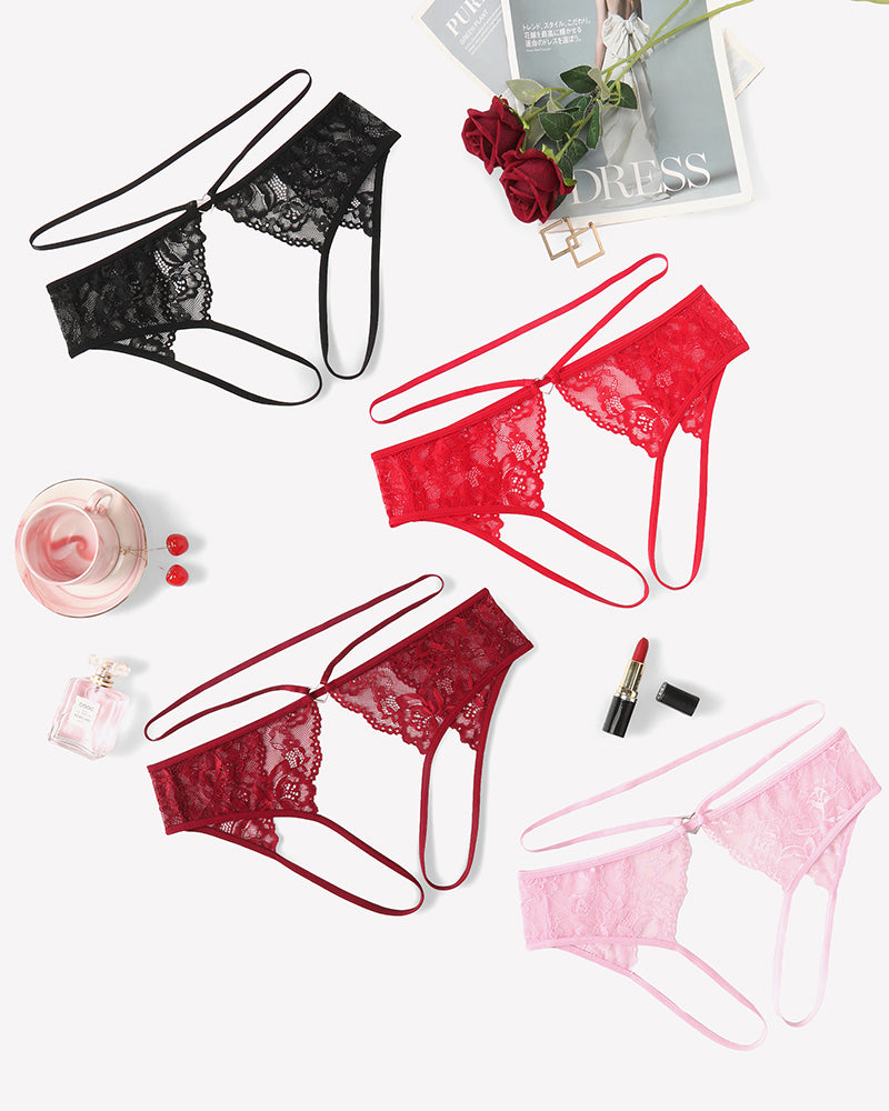 Cheeky floral lace panties set in black, red, and pink with thin straps