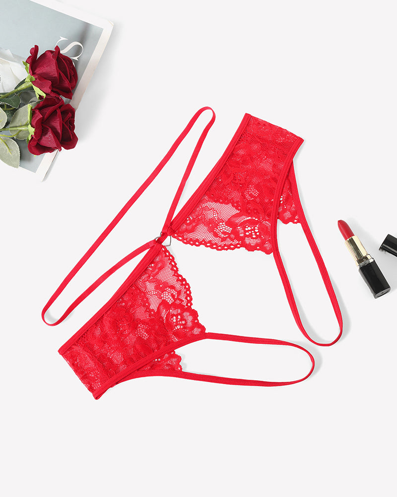 Red floral lace cheeky thong with two front straps and scalloped trim