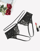 Black floral lace cheeky thong with bow at center and long side tie straps
