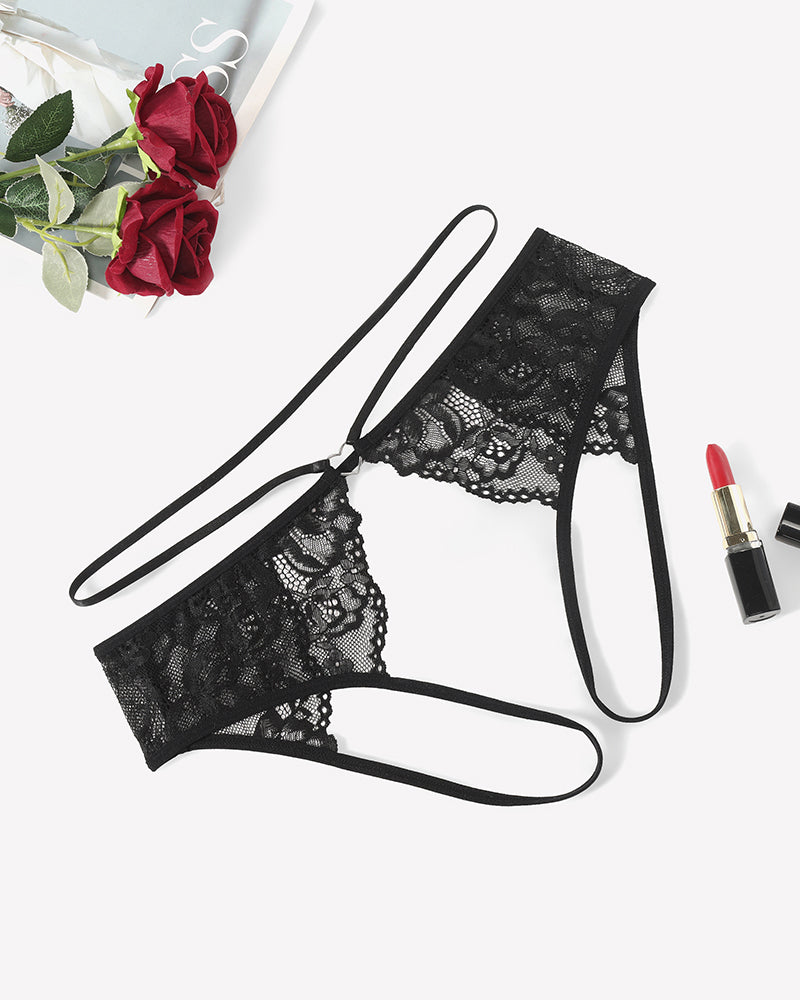 Black floral lace cheeky thong with bow at center and long side tie straps