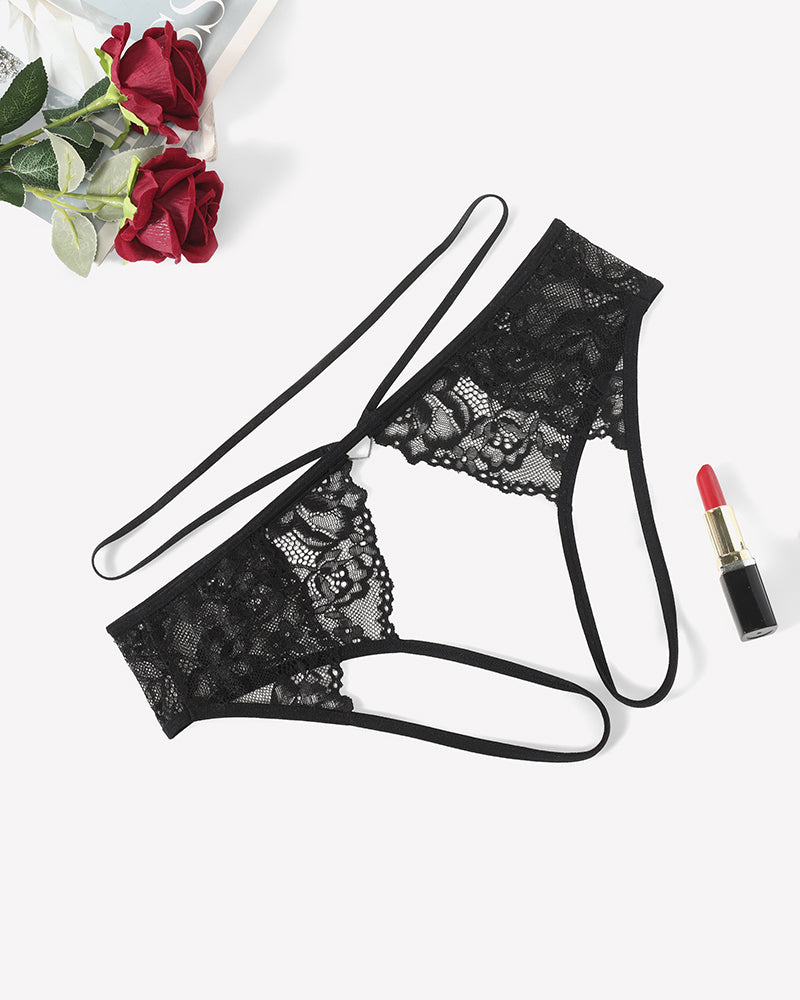 Black floral lace cheeky thong with scalloped lace panels and thin side straps