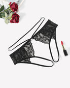 Black floral lace cheeky thong with scalloped lace panels and thin side straps