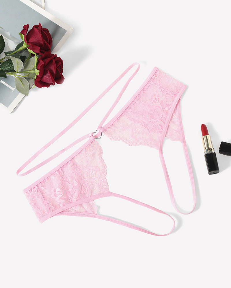Pink floral lace cheeky thong with center bow and thin side straps