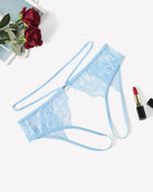 Light blue floral lace cheeky thong with scalloped lace edges and thin side straps
