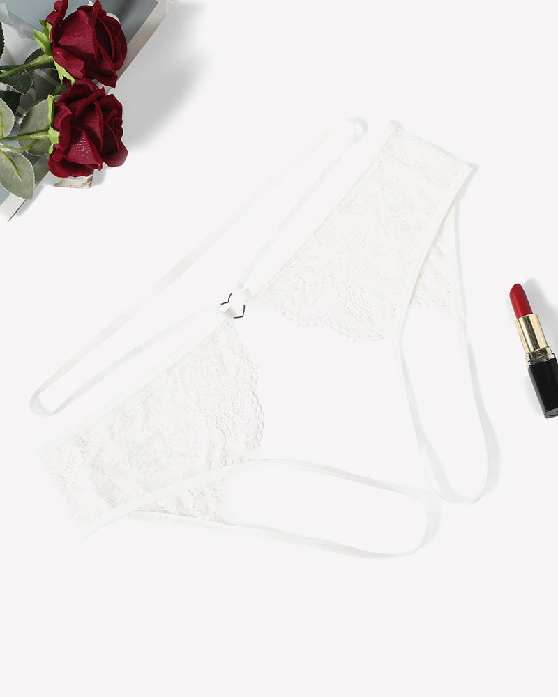 White floral lace cheeky thong with thin side straps and scalloped lace trim