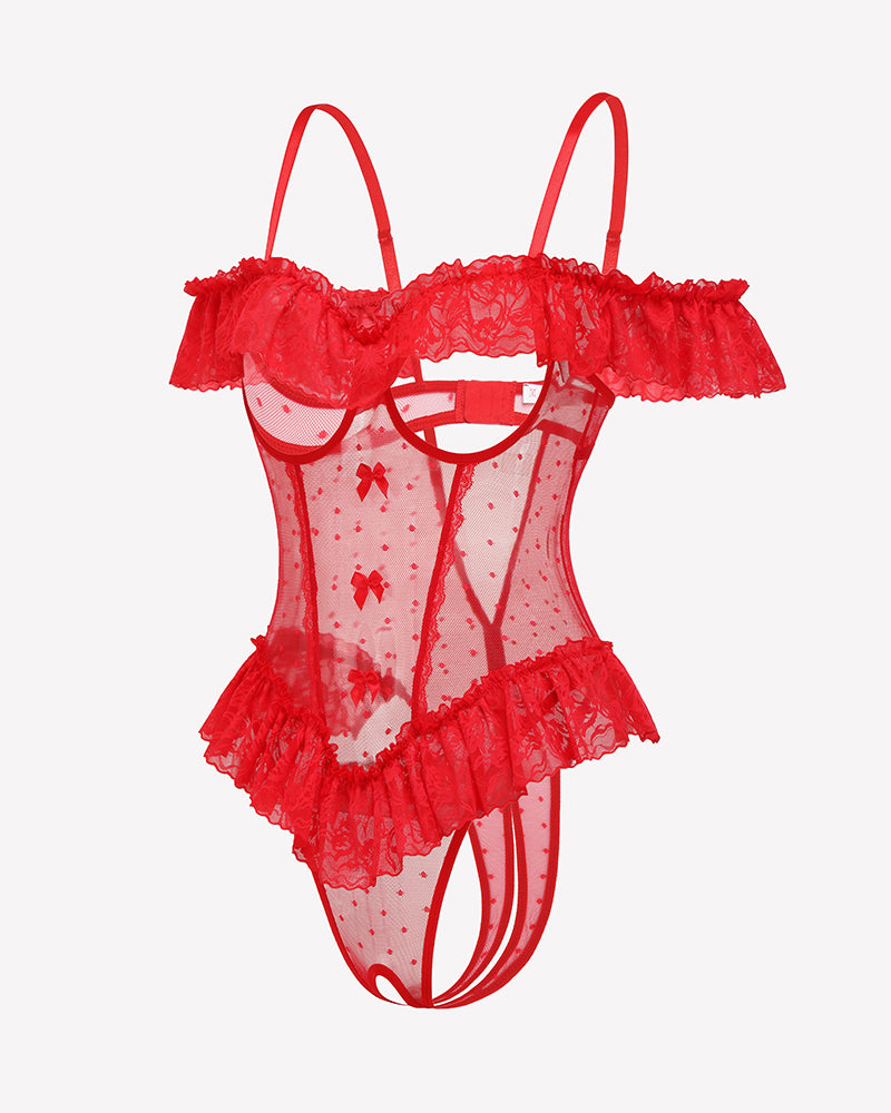 Red lace v-neck bodysuit with ruffle off-shoulder and lace-up open back