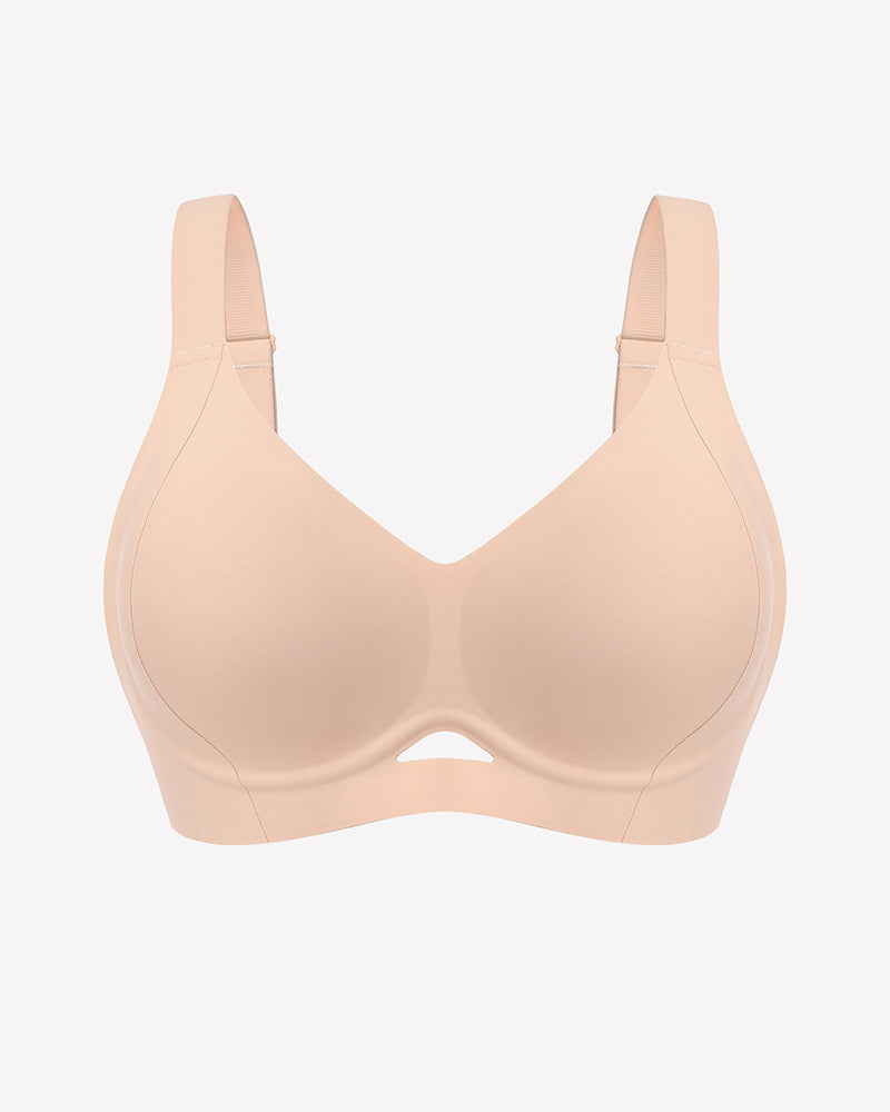 Nude wireless push-up bralette with V-neck cups, center cutout, adjustable straps.