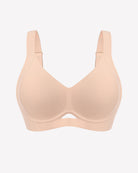 Nude wireless push-up bralette with V-neck cups, center cutout, adjustable straps.