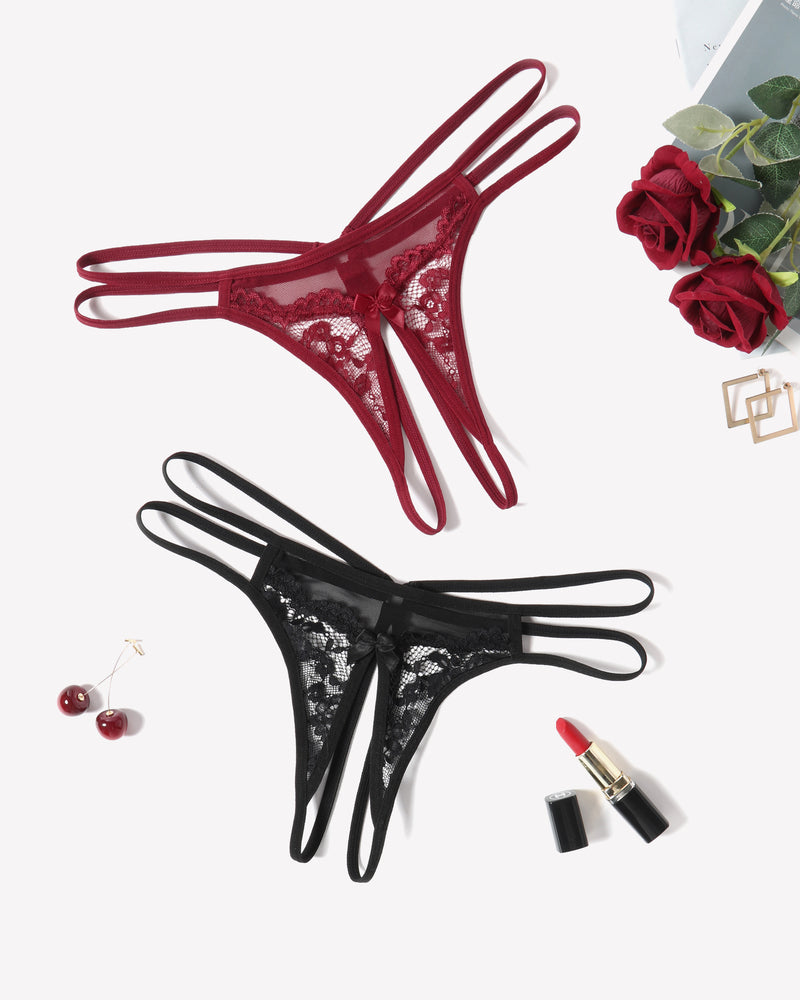 Floral lace G-string set in dark red and black