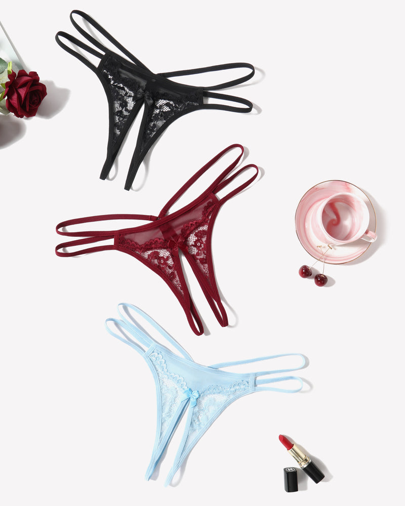 Floral lace G-string set in black, red, blush pink, and light blue