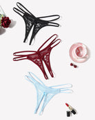 Floral lace G-string set in black, red, blush pink, and light blue