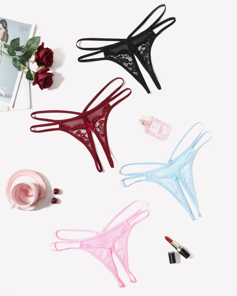 Floral lace G-string set in black, red, blush pink, and light blue