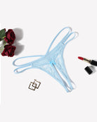 Light blue floral lace G-string panties with bow at center
