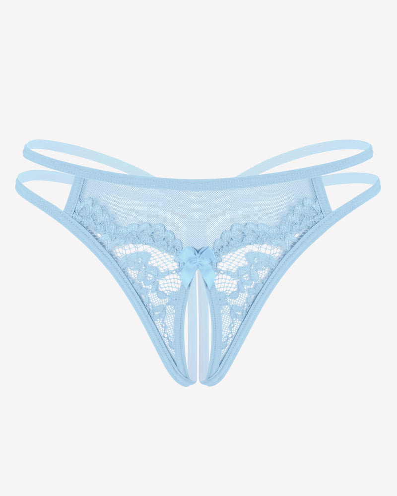 Light blue floral lace G-string panties with scalloped edges and center bow
