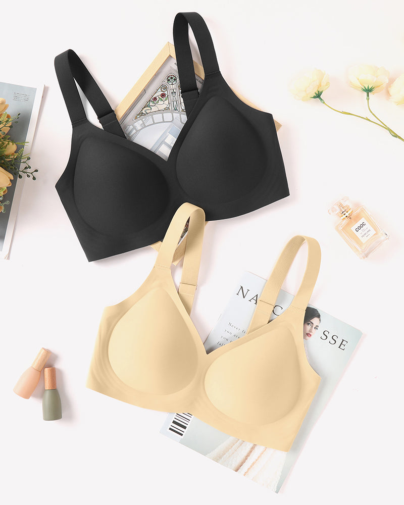 Seamless wireless push-up bras in black and wheat, flat-lay front views