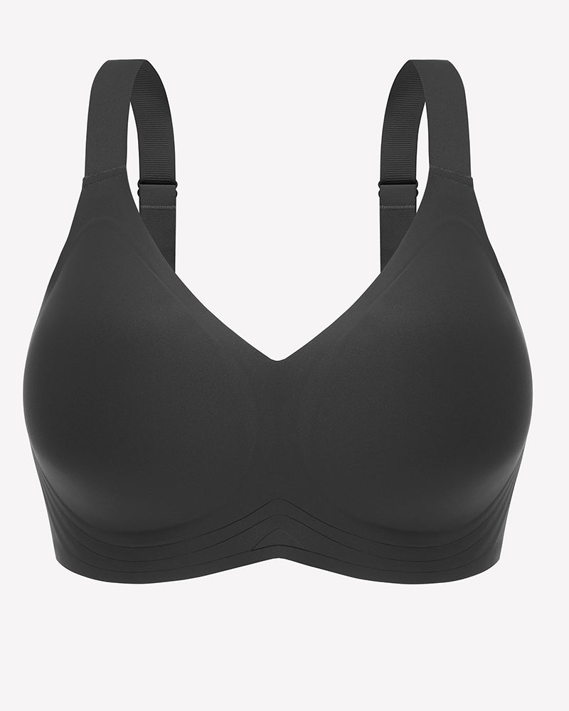 Black seamless wireless push-up bra with V-neck and molded smooth cups