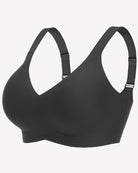 Black seamless wireless push-up bra, side profile with curved underband