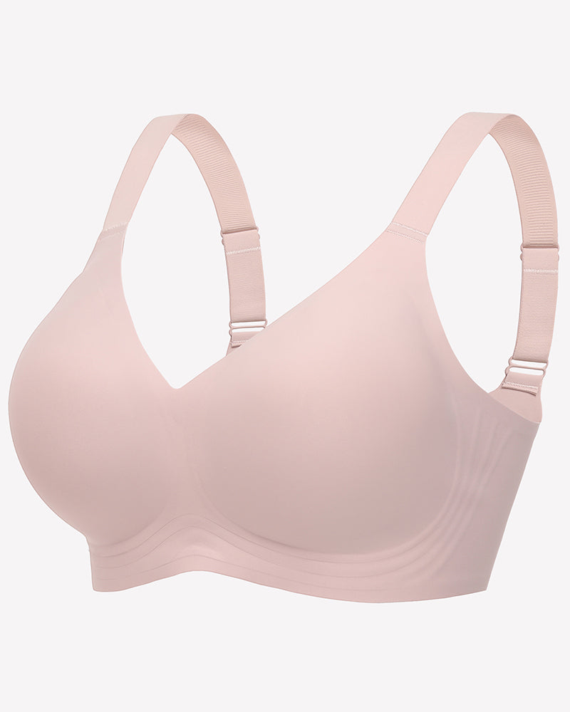 Seamless wireless push-up bra in salmon pink, smooth molded cups, adjustable straps