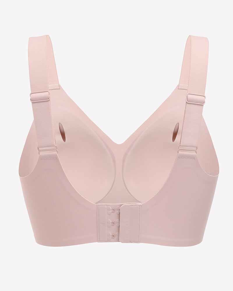 Seamless wireless push-up bra in salmon pink, scoop neckline, hook-and-eye back, wide straps