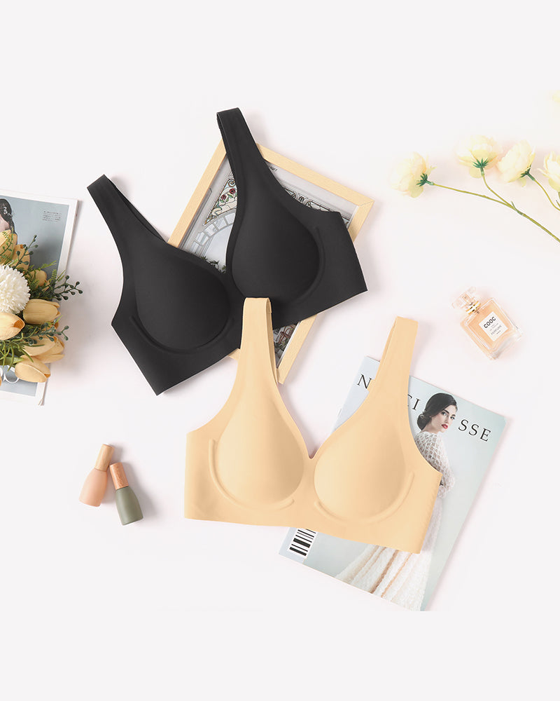 Seamless V-neck bralettes, black and nude, full-coverage cups with smooth fit.