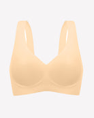 Nude seamless V-neck bralette with full-coverage cups and smooth, seam-free design.
