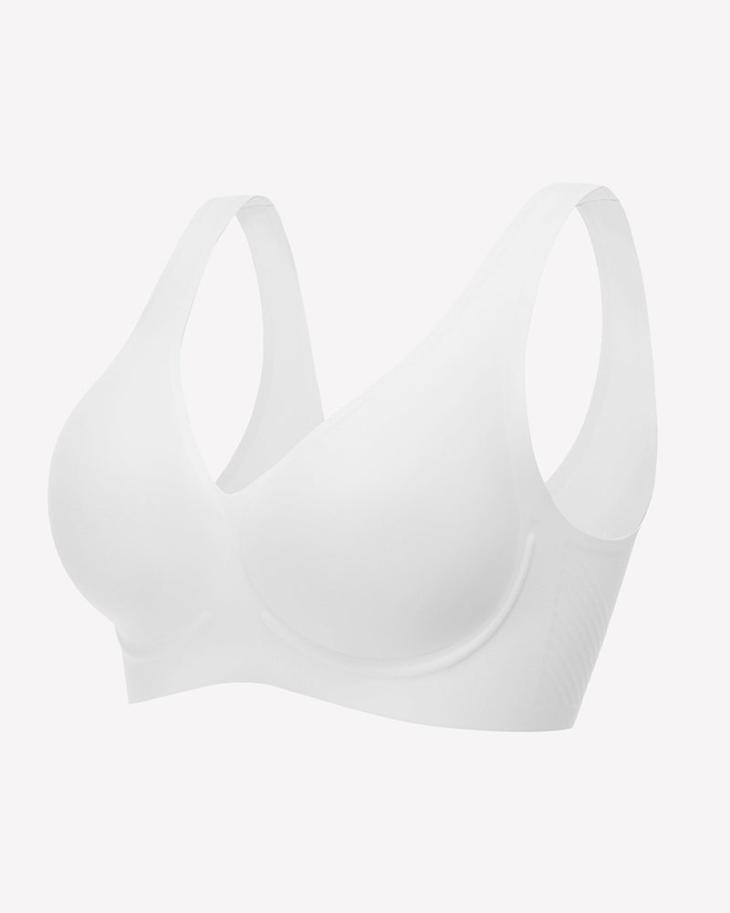 White seamless V-neck bralette with full-coverage cups and smooth, seam-free design.