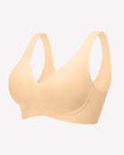 Nude-beige seamless V-neck bralette with full-coverage cups and smooth, seam-free fit.