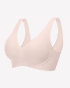 Soft pink seamless V-neck bralette with full-coverage cups and smooth, seam-free finish.