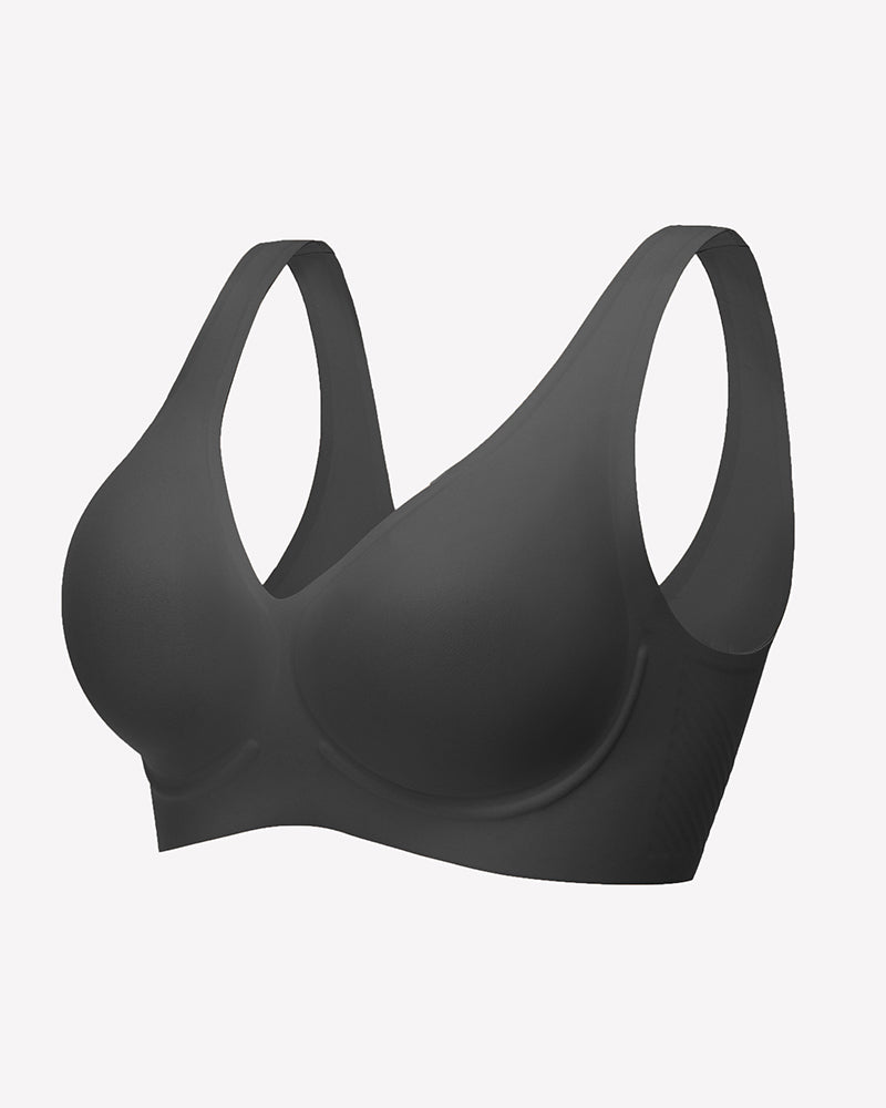 Black seamless V-neck bralette with full-coverage cups and smooth, seam-free design.