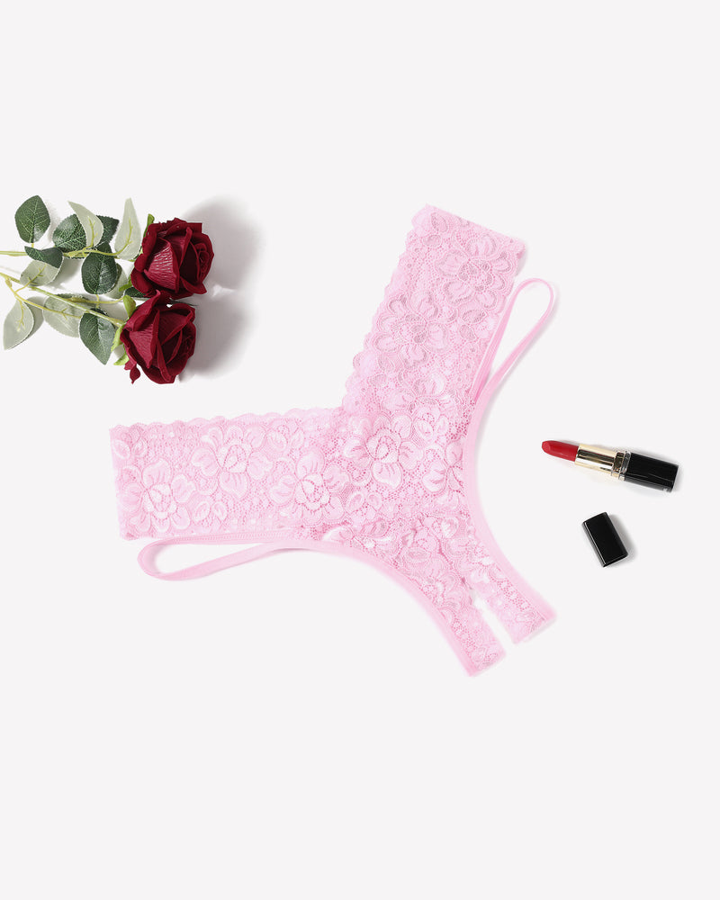 Pink lace V-shape cheeky panties with floral lace and scalloped edges