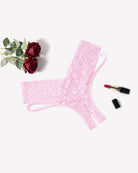 Pink lace V-shape cheeky panties with floral lace and scalloped edges