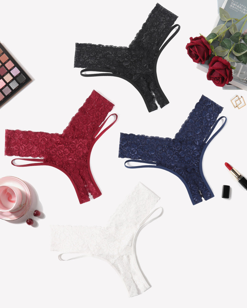 Lace V-shape cheeky panties set in black, burgundy, deep blue, and white