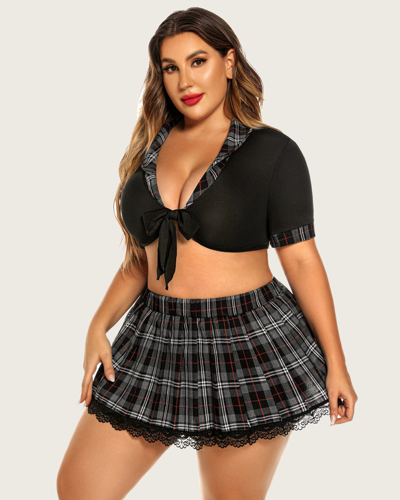 Plus size lingerie set: black tie crop top and plaid mini skirt with lace trim