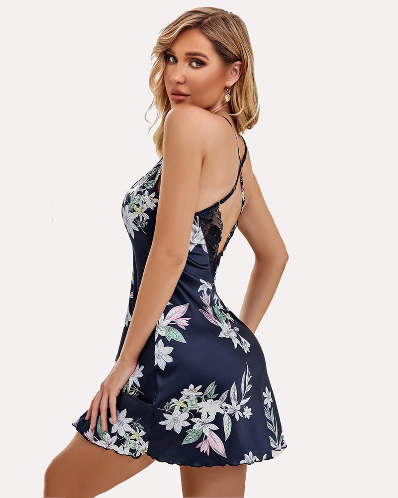 Navy floral satin nightgown back with lace-trim straps and short flared hem