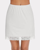 White above-knee half slip skirt with lace-trim hem and elastic waistband