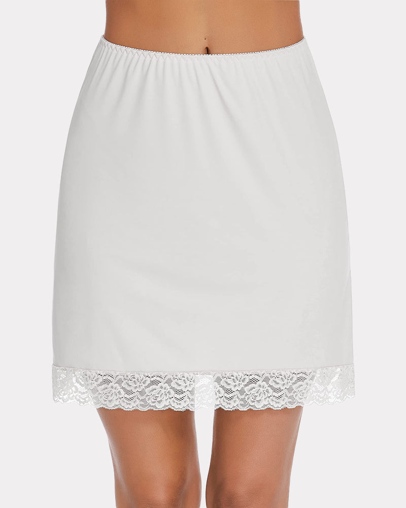 White above-knee half slip skirt with lace-trim hem and elastic waistband