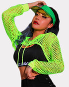 Neon green fishnet mesh hoodie crop top with drawstring hood and long sleeves