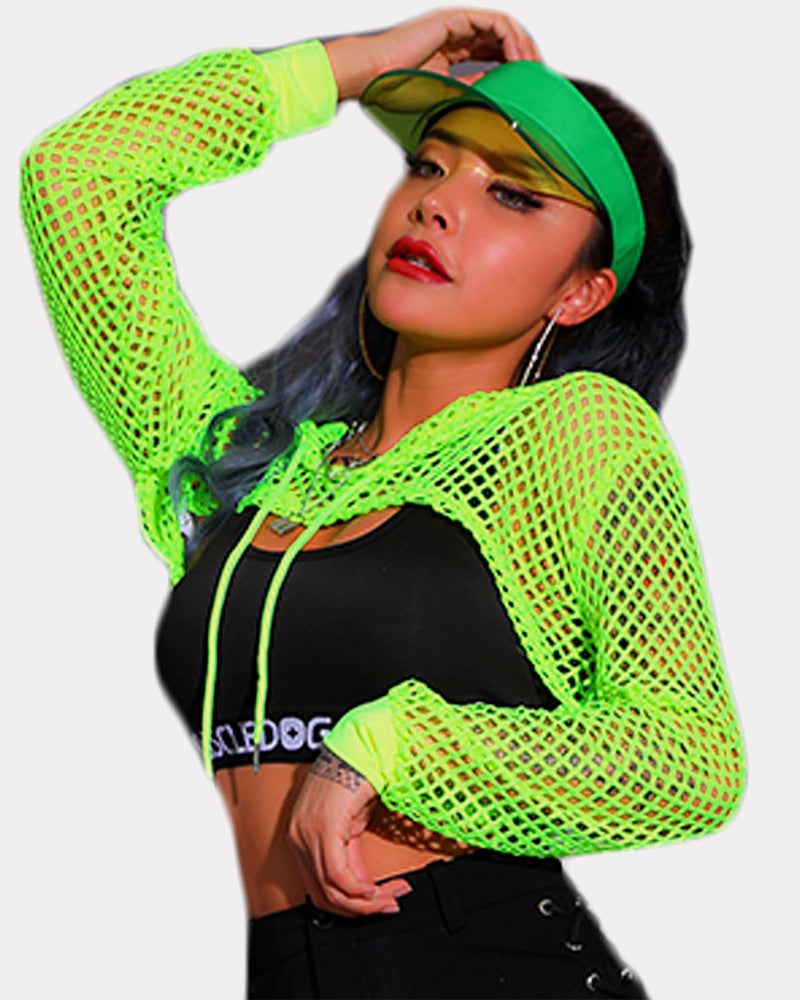 Neon green fishnet mesh hoodie crop top with drawstring hood and long sleeves