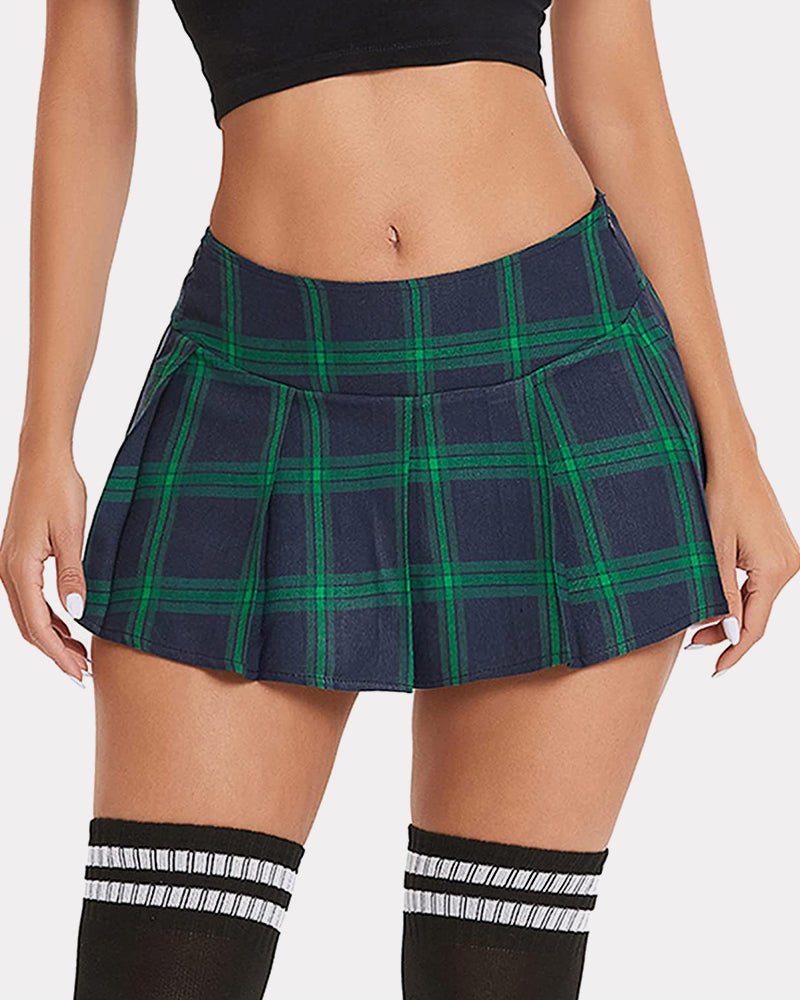 Green-and-navy plaid mini pleated skirt with elastic waistband