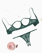 Cupless lace bra and panty lingerie set in dark green with ruffled trim