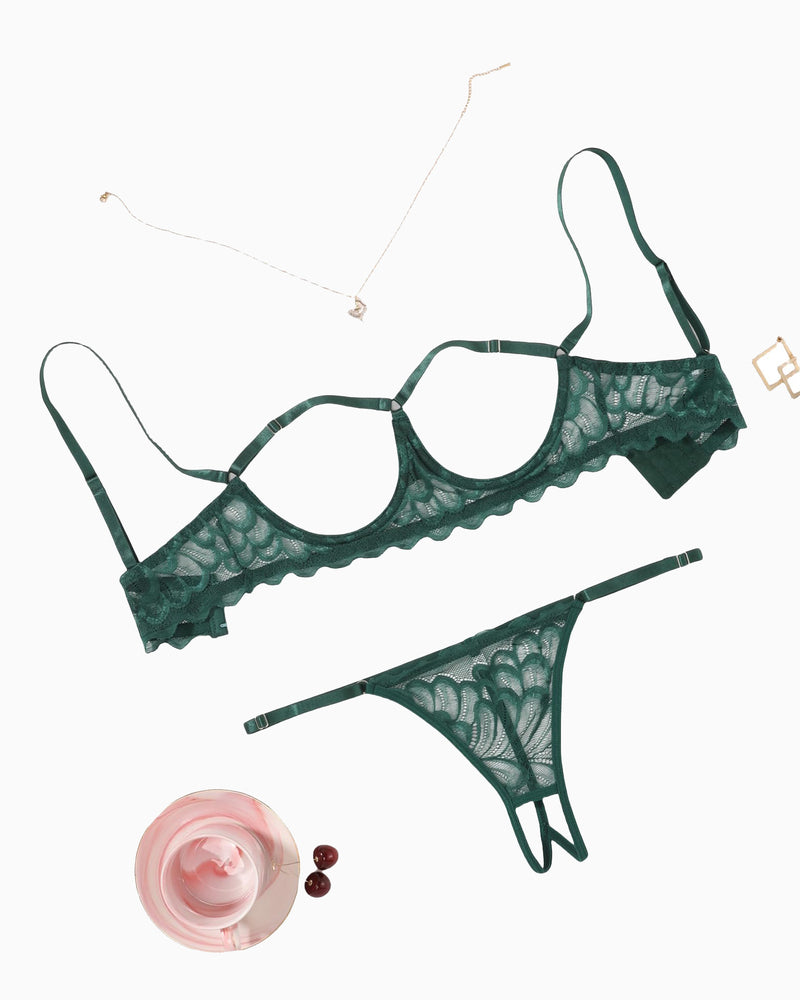 Cupless lace bra and panty lingerie set in dark green with ruffled trim